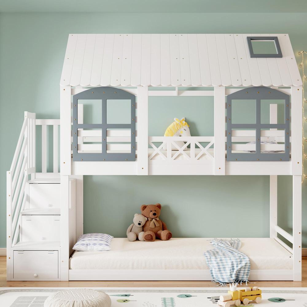 Litera infantil 90x200cm, escalera con 3 huecos, barandilla blanca