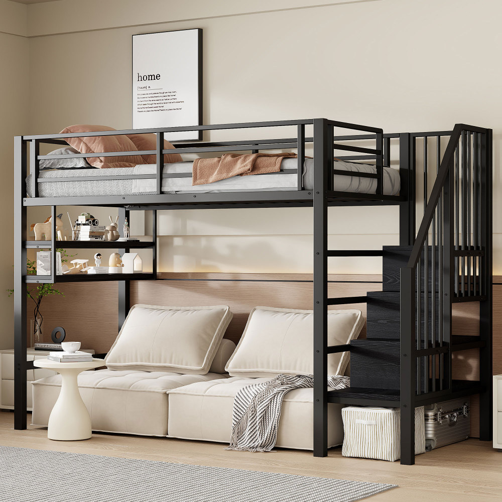 Cama alta 90x200cm con estantes, barra y almacenamiento metal – negro