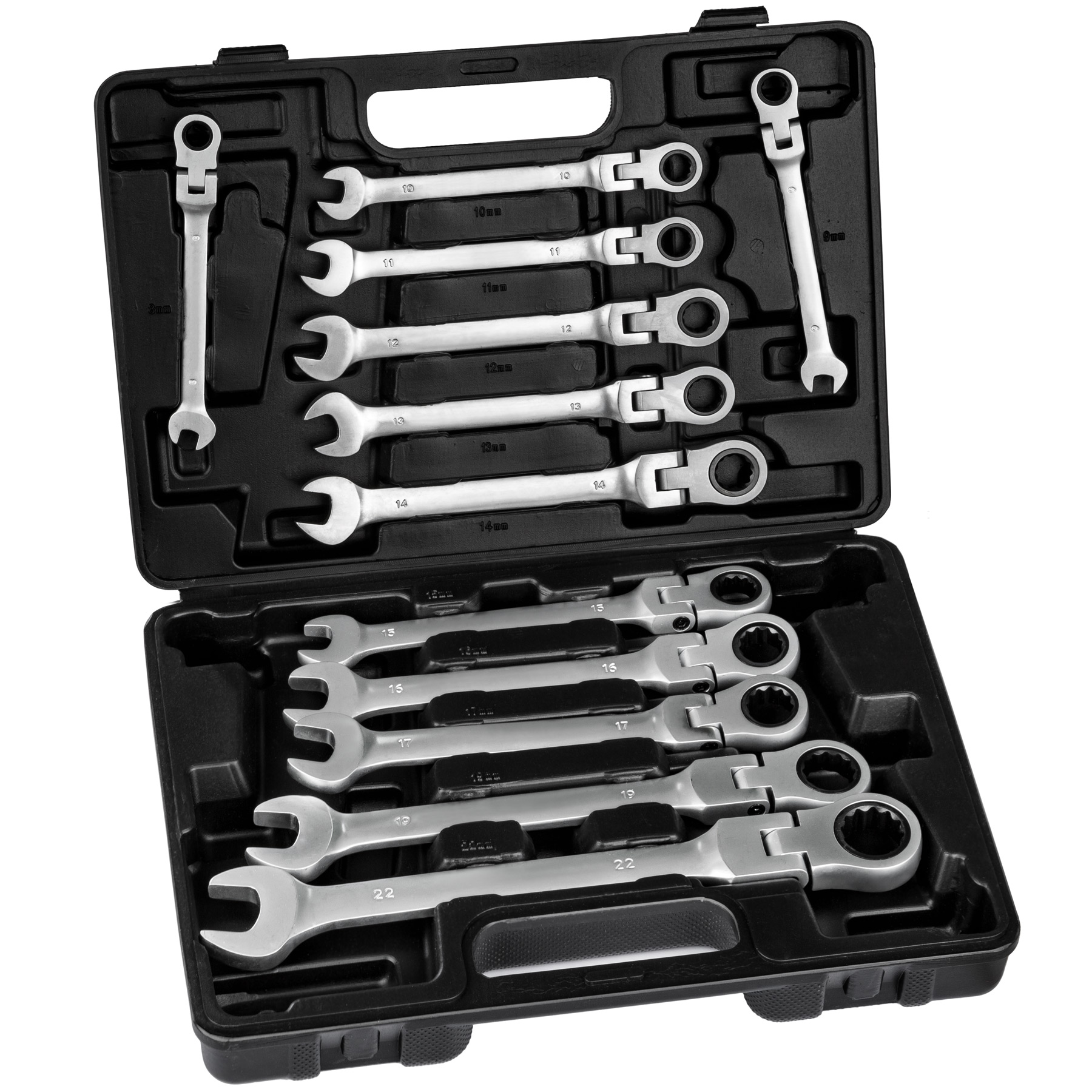 Set de llaves de trinquete de 12 piezas con maletín incluido, negro