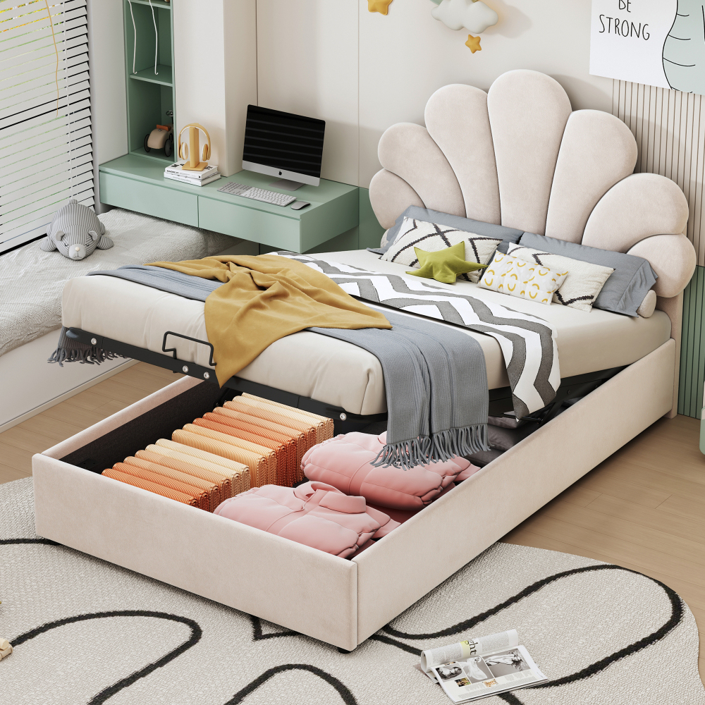 Cama tapizada 90x200cm con canapé hidráulico terciopelo – beige