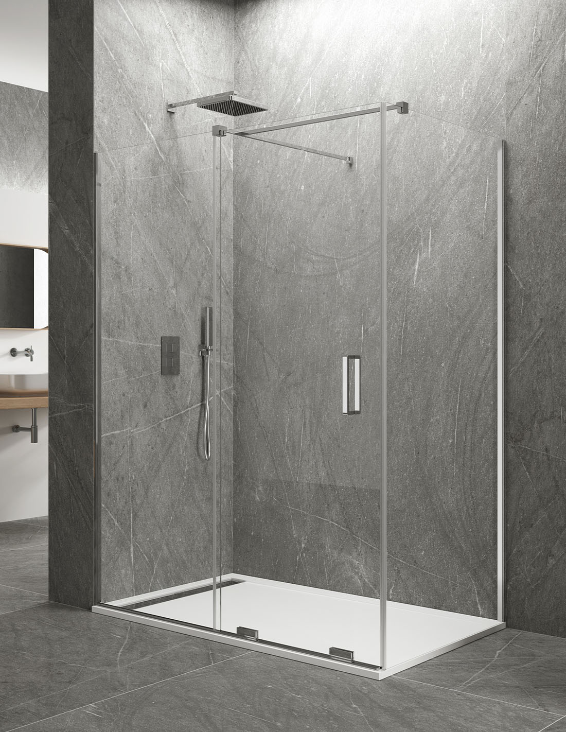 Mampara de ducha angular keres 1+1 perpendicular, sin perfil 150x70 cm
