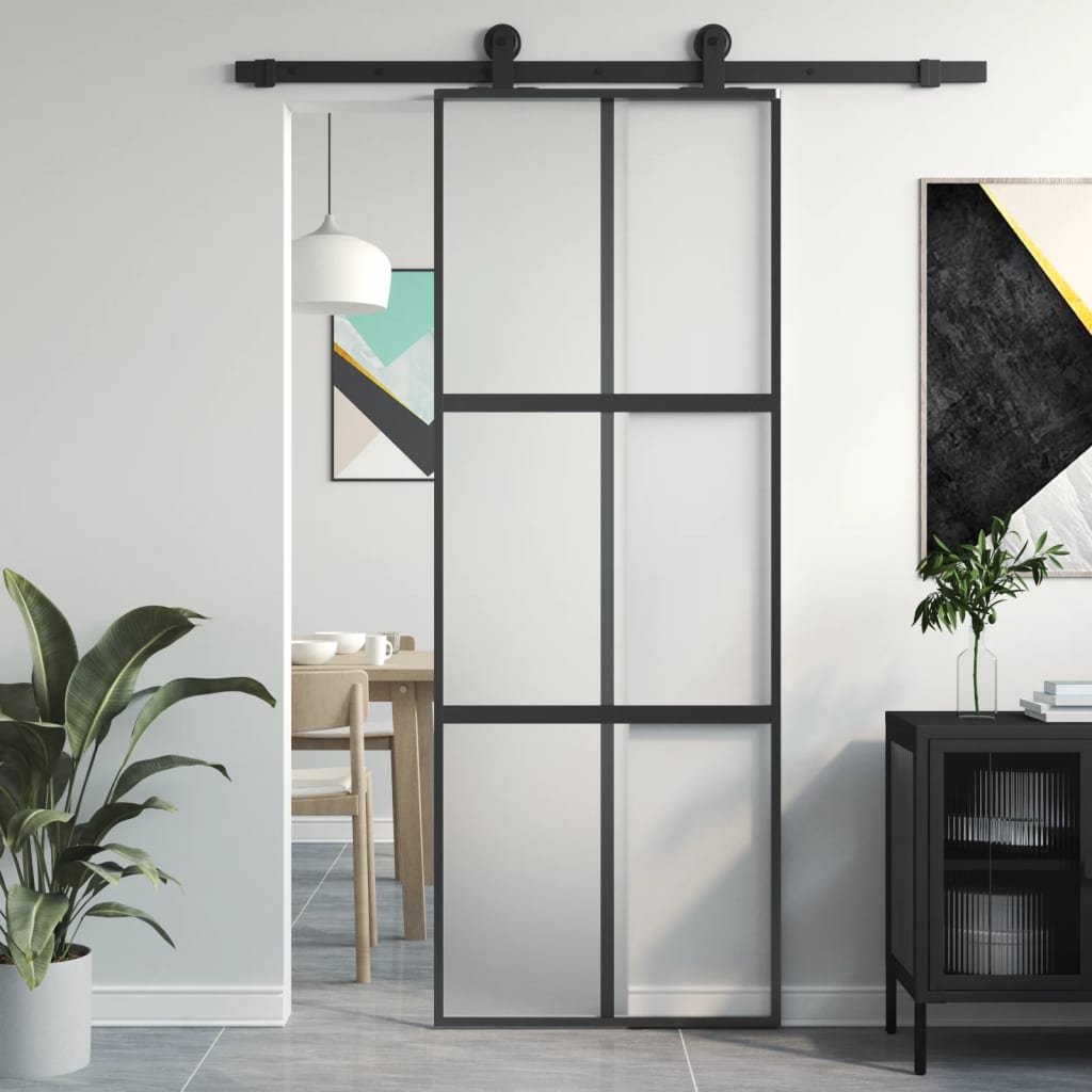 Puerta corredera vidrio templado y aluminio negra 76x205 cm esxt3597
