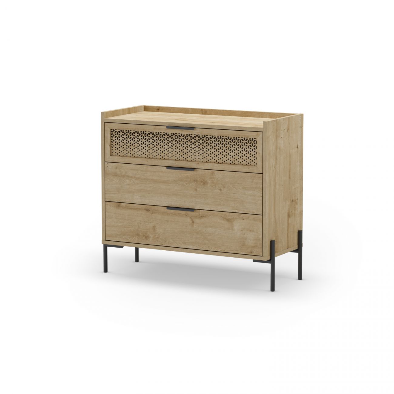 Cómoda de 3 cajones y diseño cannage moderno 90x80 cm koivu roble negro