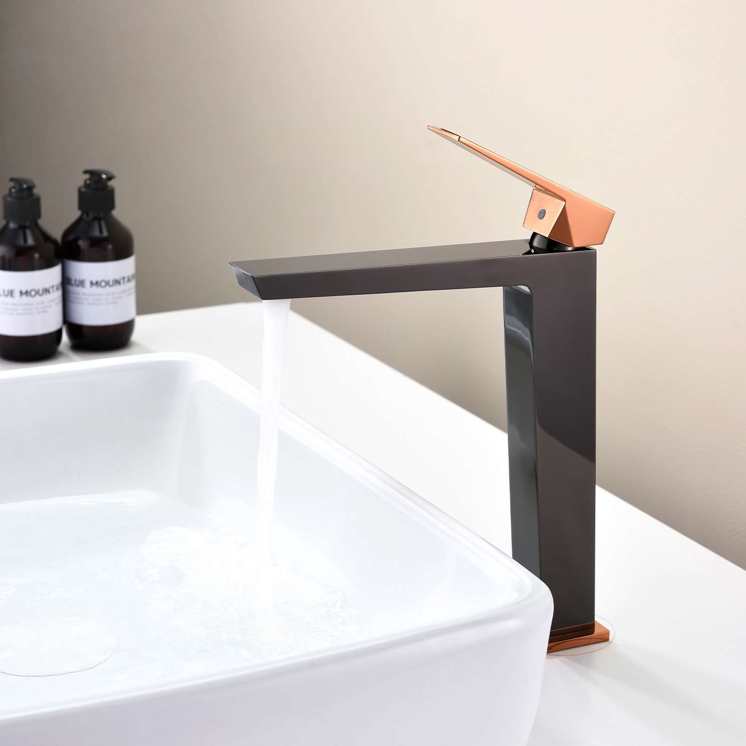 Grifo monomando lavabo alto sky bath negro cristal oro rosa serie infinite