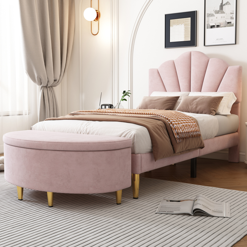 Cama 90x200cm cabecero ajustable y banqueta con almacenaje terciopelo rosa