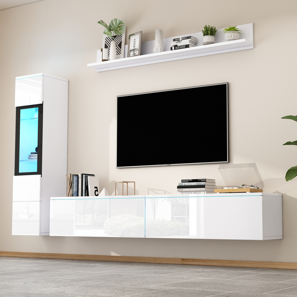 Conjunto de mueble de tv con vitrina y estante de pared LED blanco 3 piezas