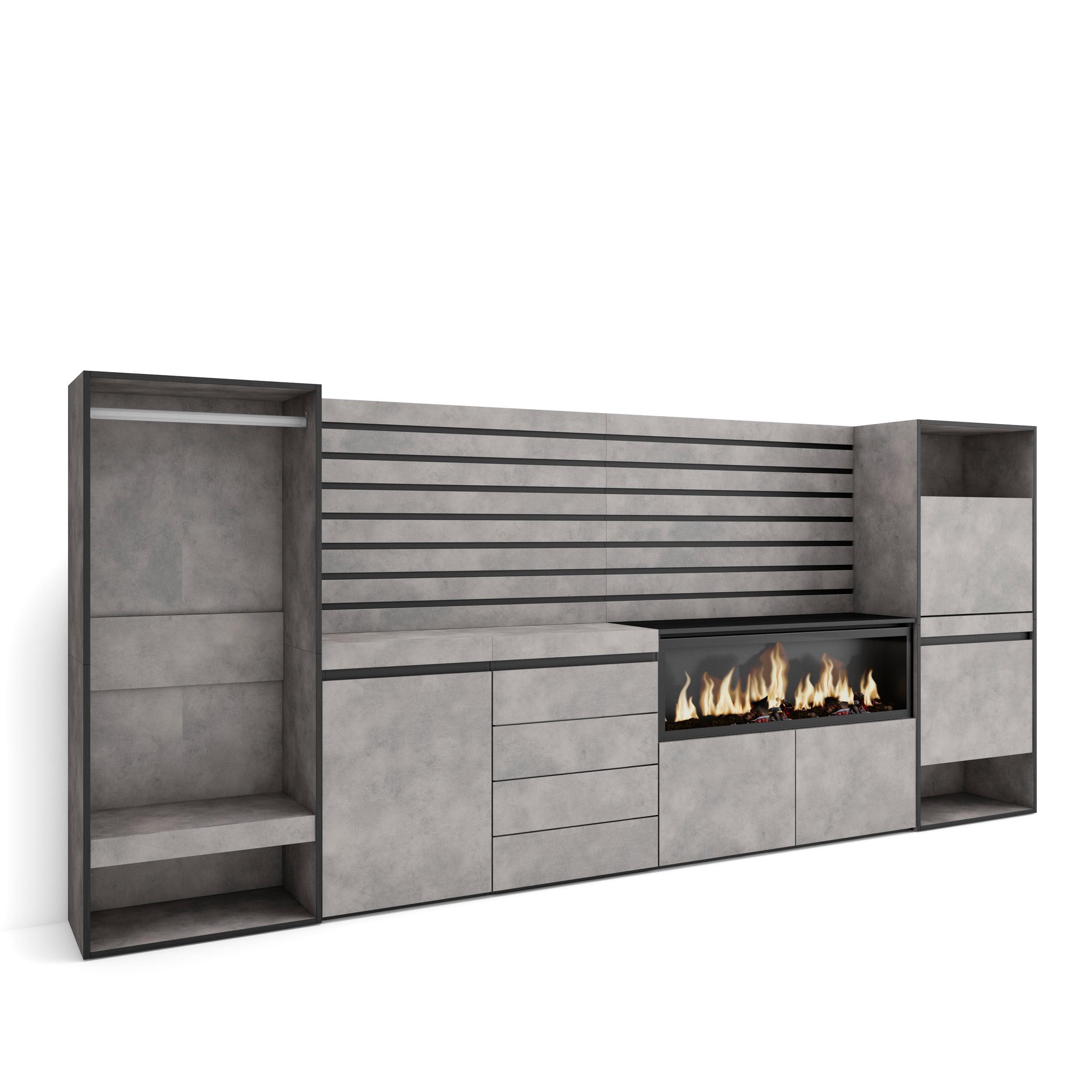 Aparador, 334cm, chimenea eléctrica, cómoda, cajonera, zapatero, vestidor