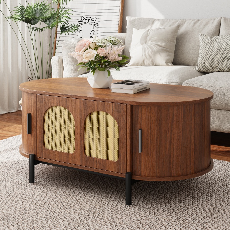 Mesa de centro ovalada con almacenaje ratán nogal 40x100x50cm