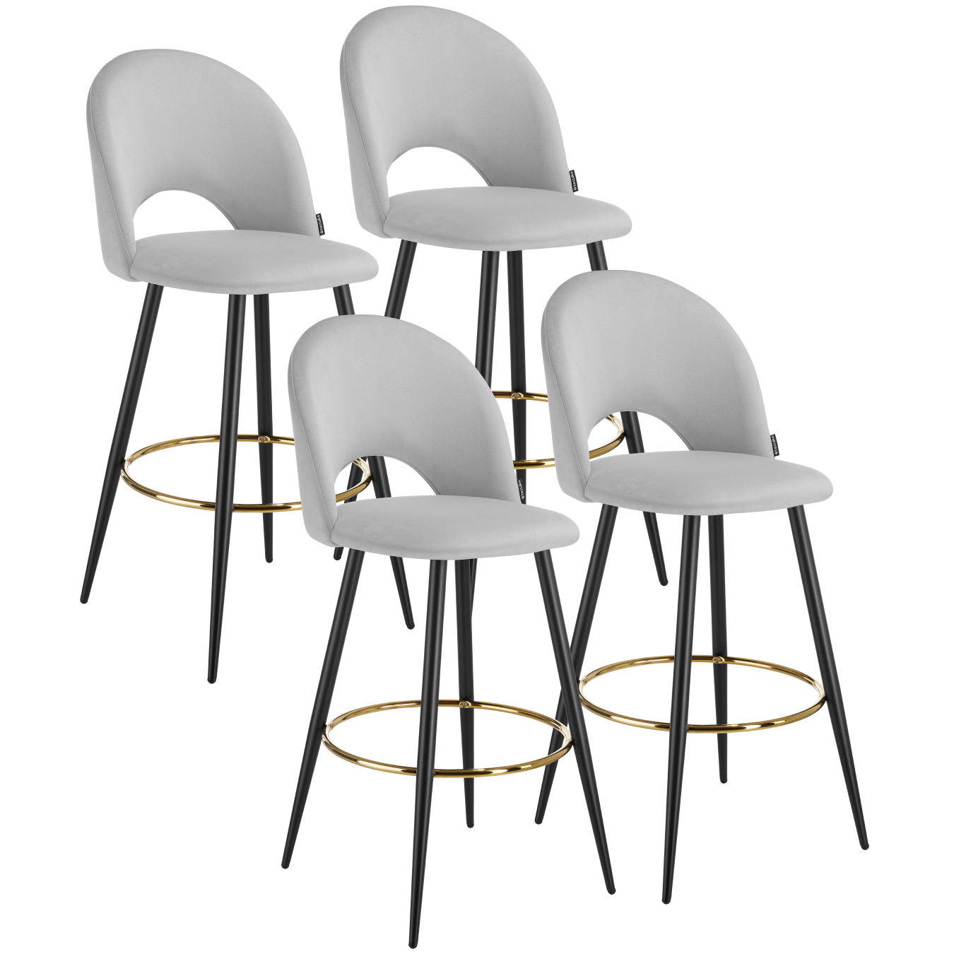 4 taburetes altos con terciopelo, respaldo y reposapiés, gris/negro
