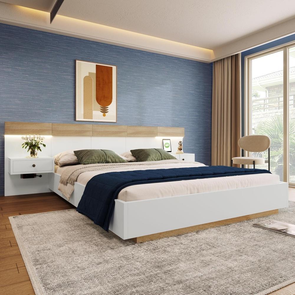 Cama doble 160x200cm con mesitas LED usb blanco