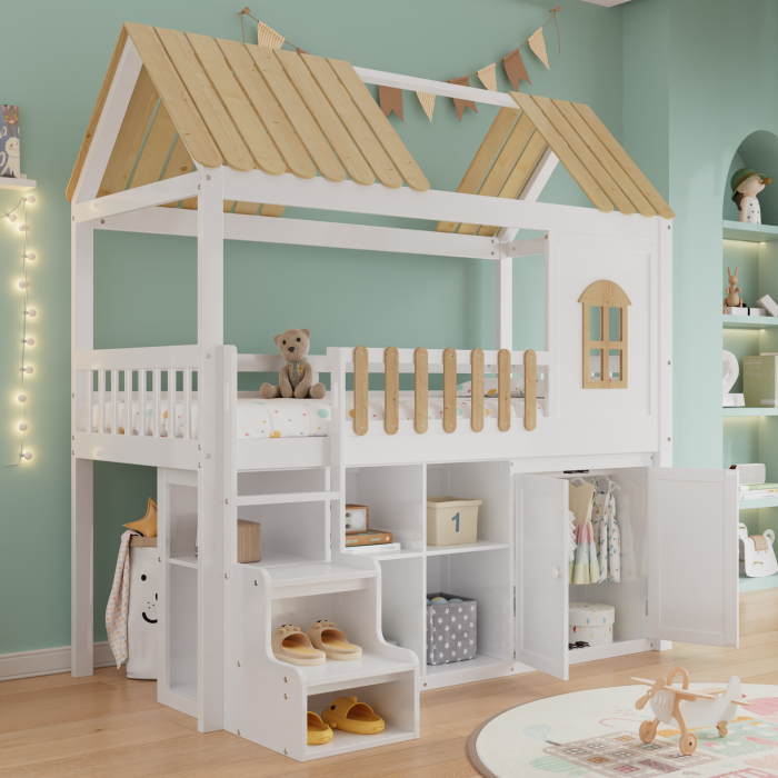 Litera infantil 90x200cm con almacenaje y armario de madera – blanco