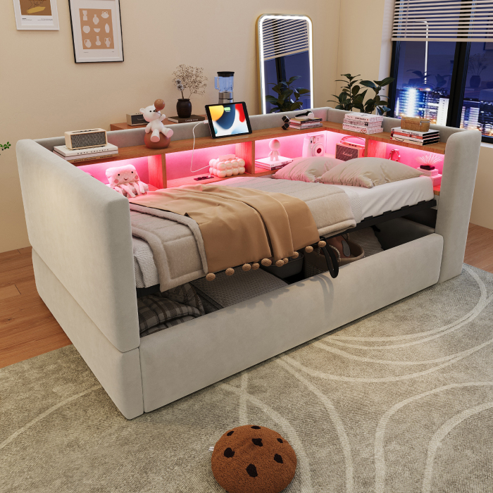 Cama tapizada 90x190cm con hidráulico LED y enchufes franela gris claro