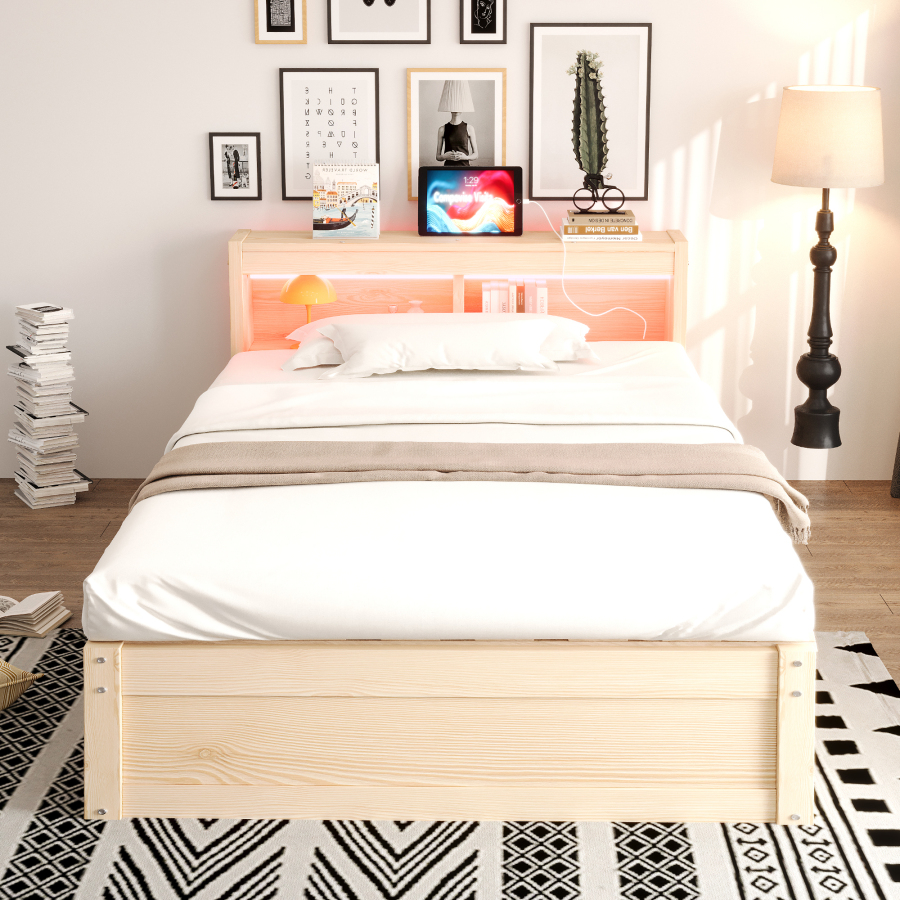 Cama individual 90x200 cm con LED, enchufe y almacenaje mdf – color madera