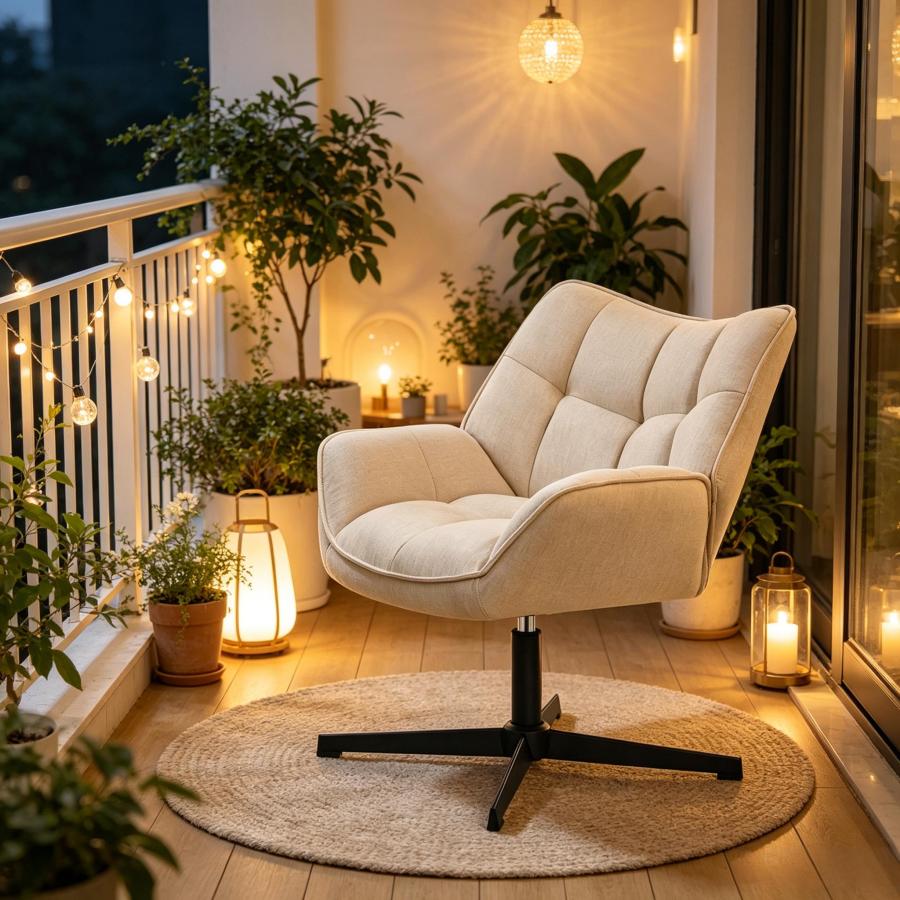Sillón relax giratorio de lino beige con reposapiés y brazos 360 grados