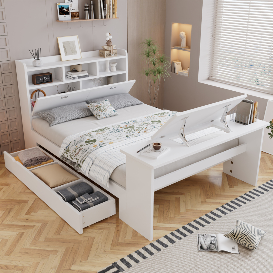 Cama 140x200cm con cajón, estantería y mesa abatible