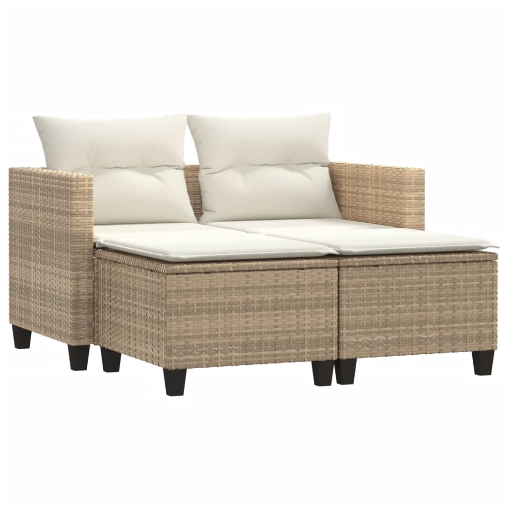 vidaXL sofá de jardín 2 plazas con toldo y taburetes ratán pe beige