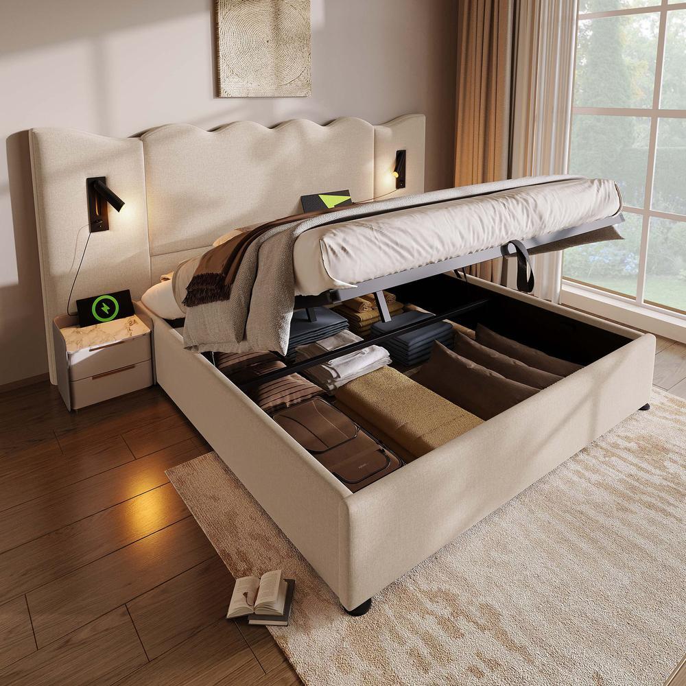 Cama doble 180x200cm metalica con LED usb y cabecero con enchufe gris