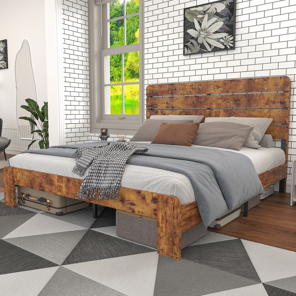 Cama doble 140x200 cm con cabecero alto mdf y metal – color marrón