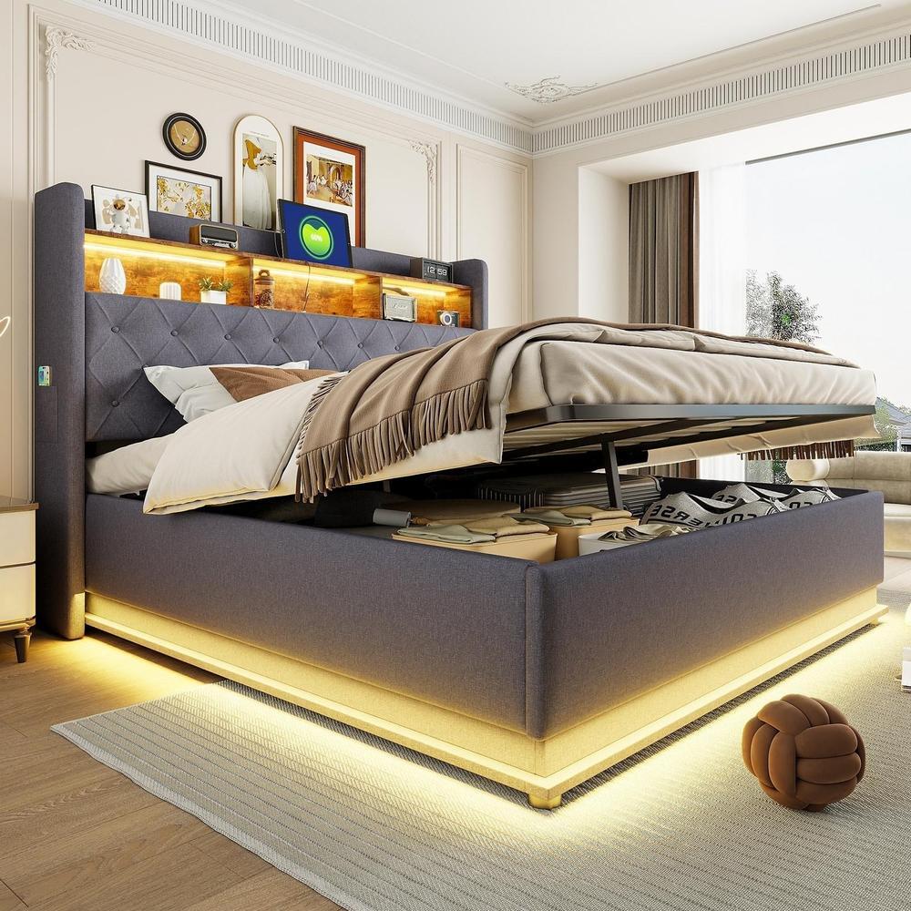 Cama doble con almacenaje hidráulico, LED, puerto usb 180x200cm gris