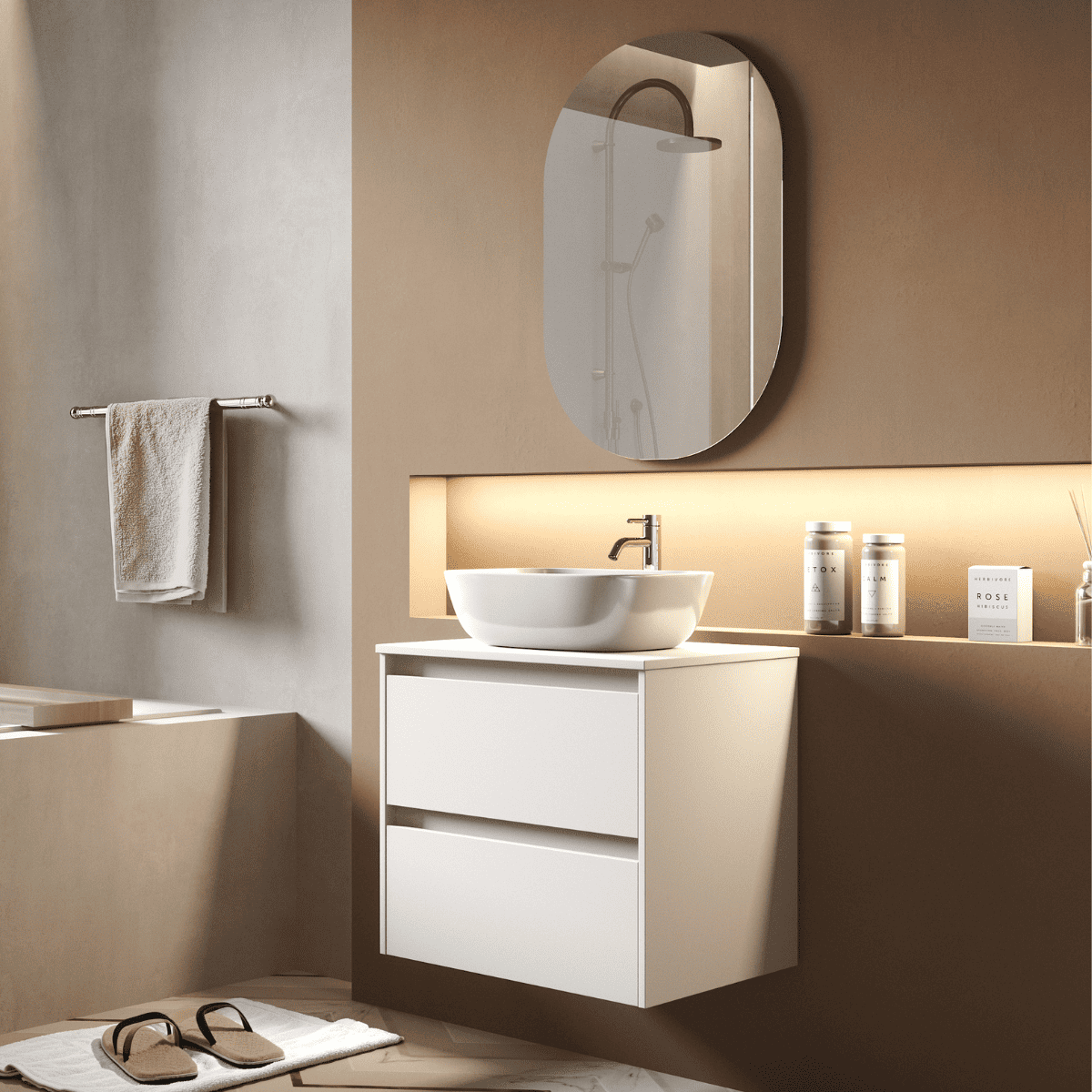 Mueble de baño suspendido lavabo sobreponer | 2 cajones | 60 cm blanco mate