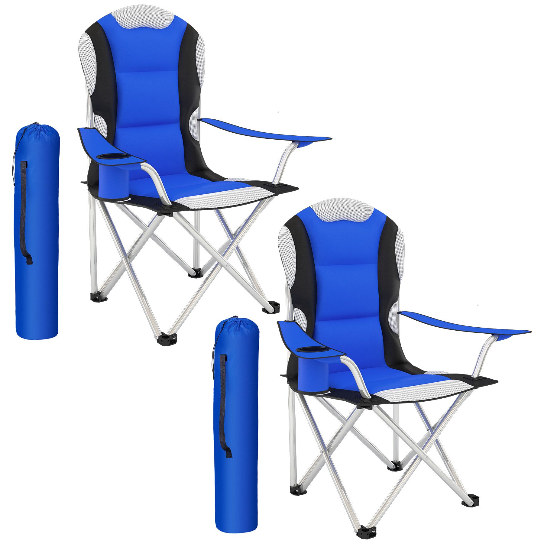 2 sillas de camping acolchadas, plegables y soporte para bebidas, azul