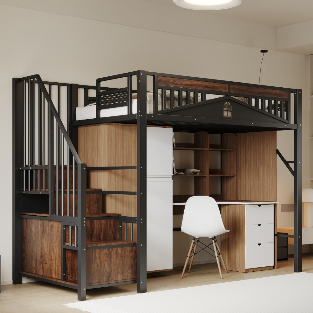 Cama alta 90x200cm ventana y escalera con almacenaje metal y madera – negro