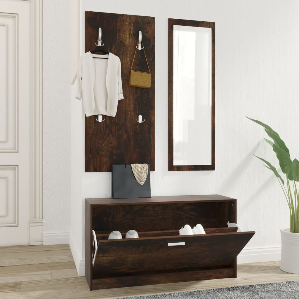 Set mueble zapatero 3 en 1 madera contrachapada roble ahumado