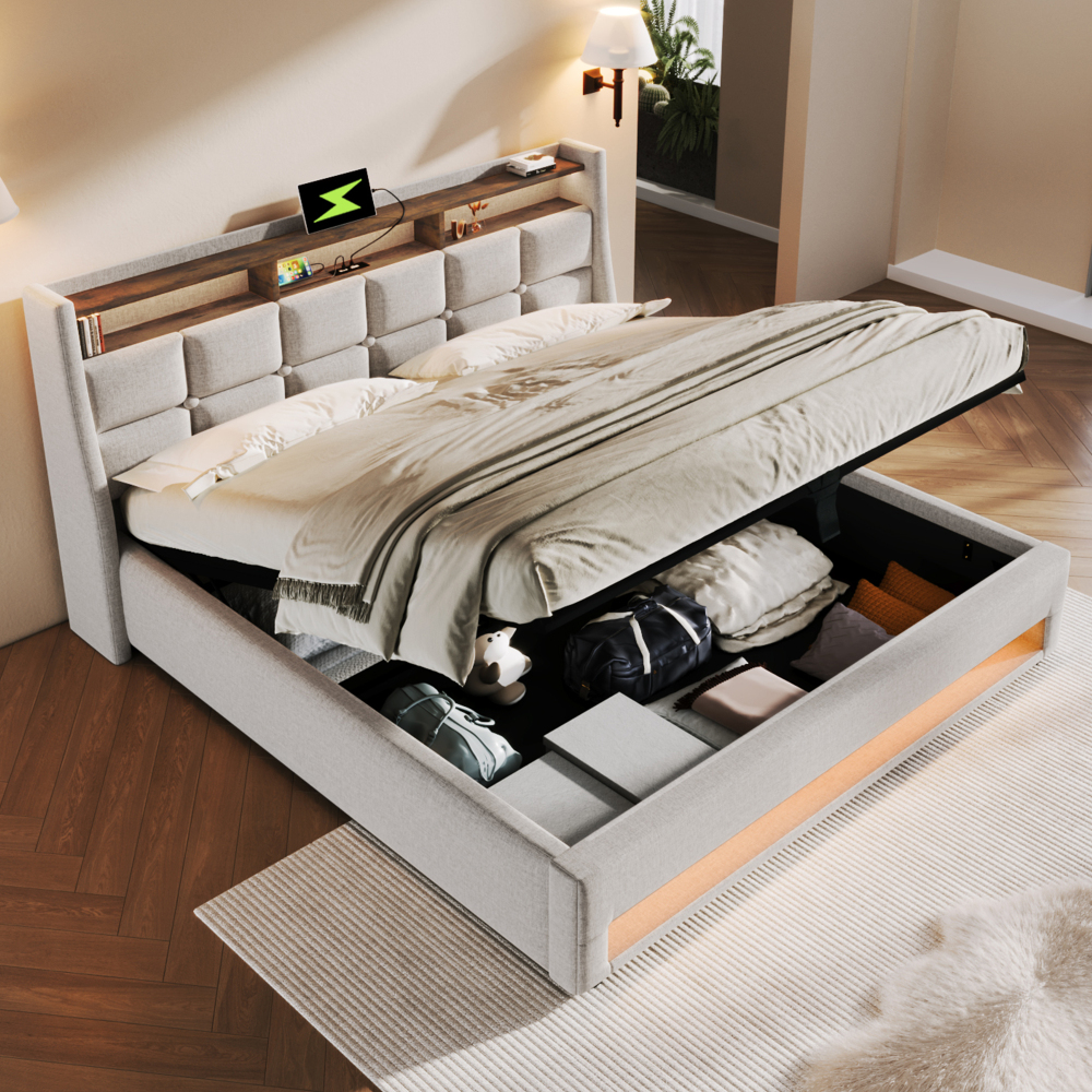 Cama tapizada 160x200cm con LED y usb lino – beige