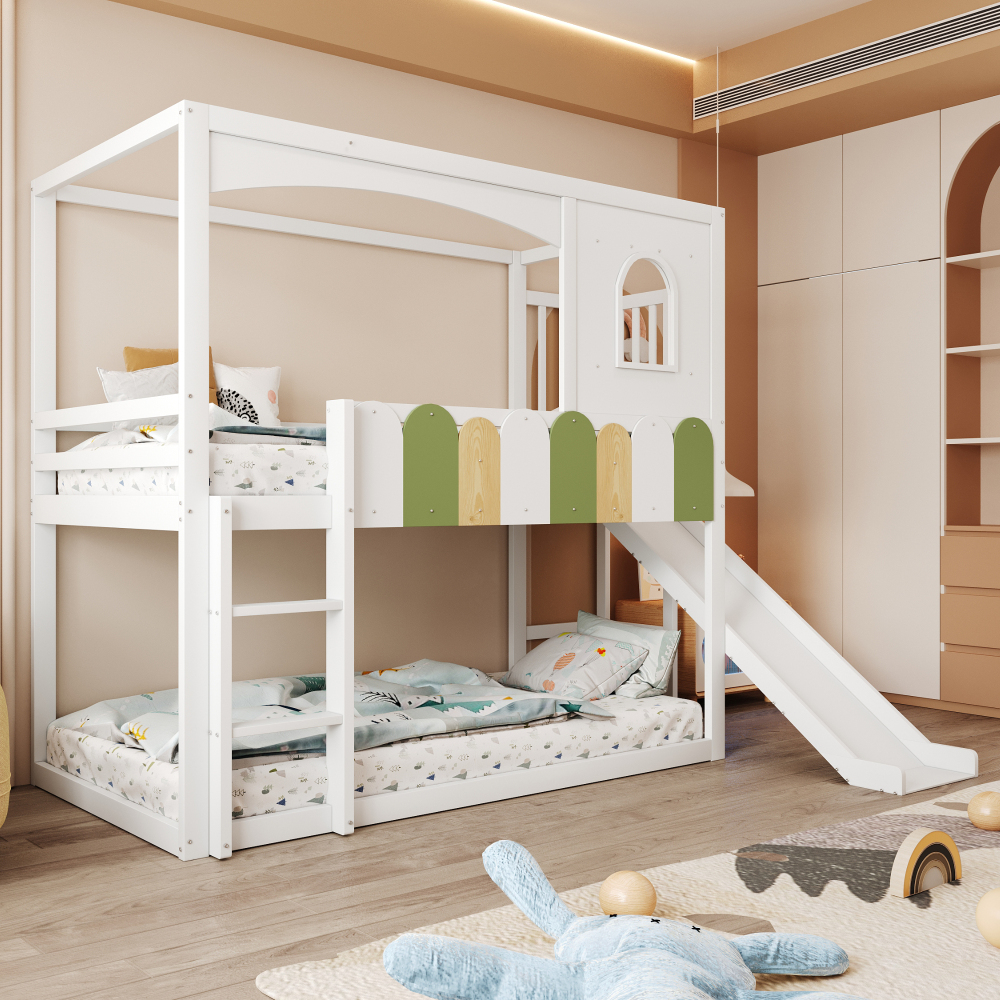 Litera 90x200cm con tobogán y escalera de seguridad madera – blanco
