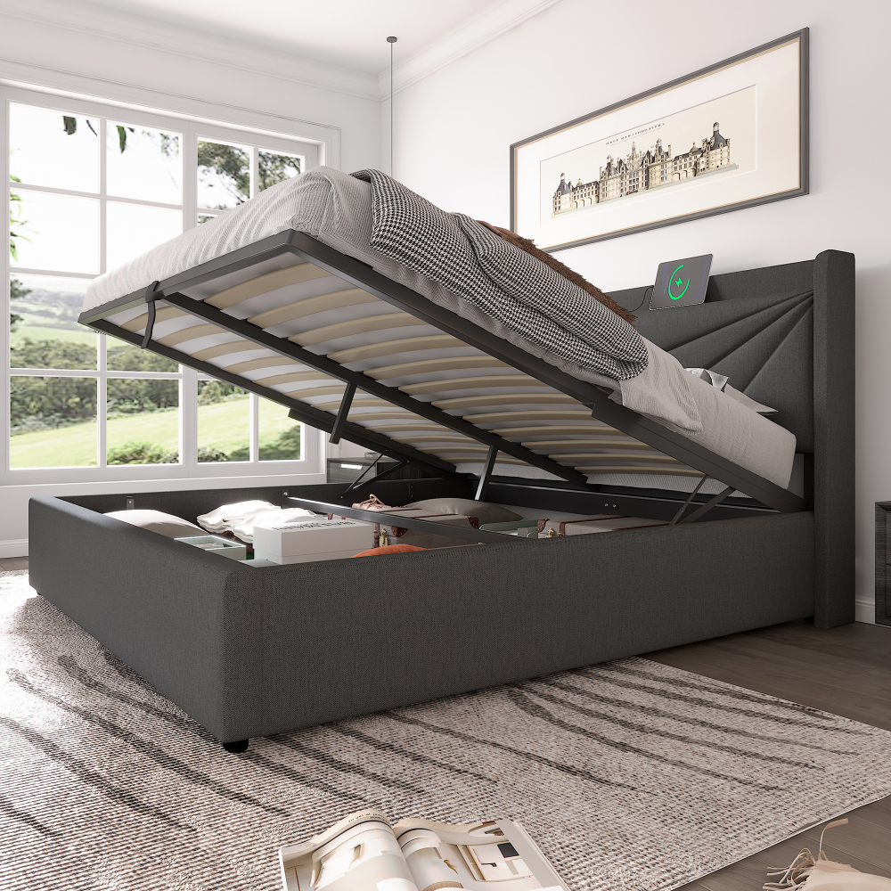 Cama Doble Tapizada 160x200cm con Canapé, USB-C y Somier, Algodón+Lino Gris