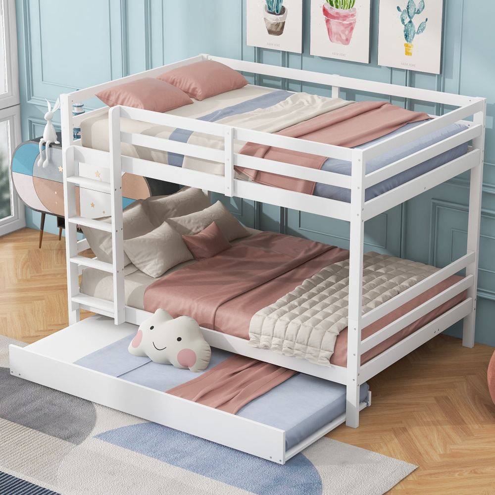 Litera 140x200cm con cama nido, barandilla y escalera pino y mdf – blanco