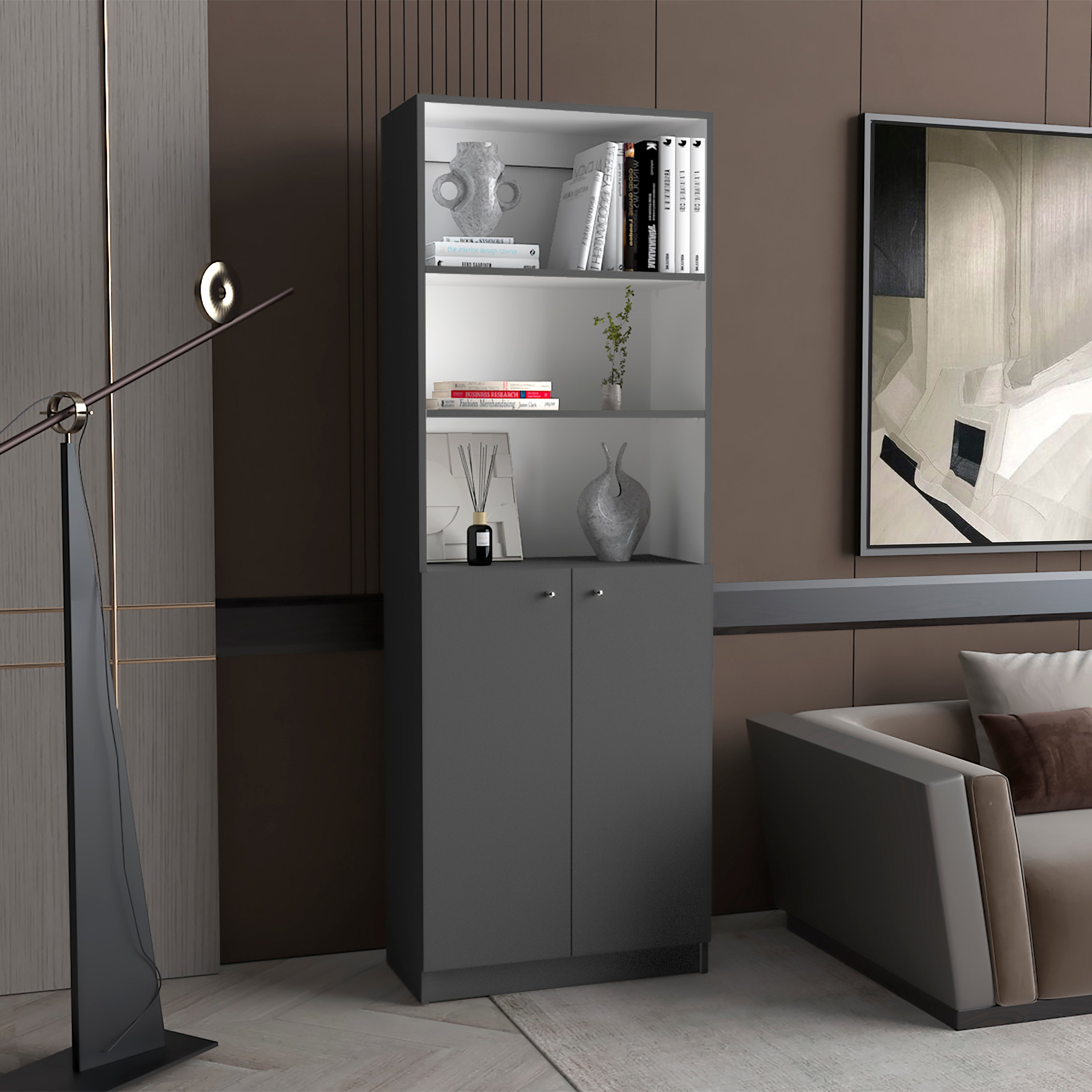 Estanteria home en melamina con gabinete inferior y 3 estantes exteriores