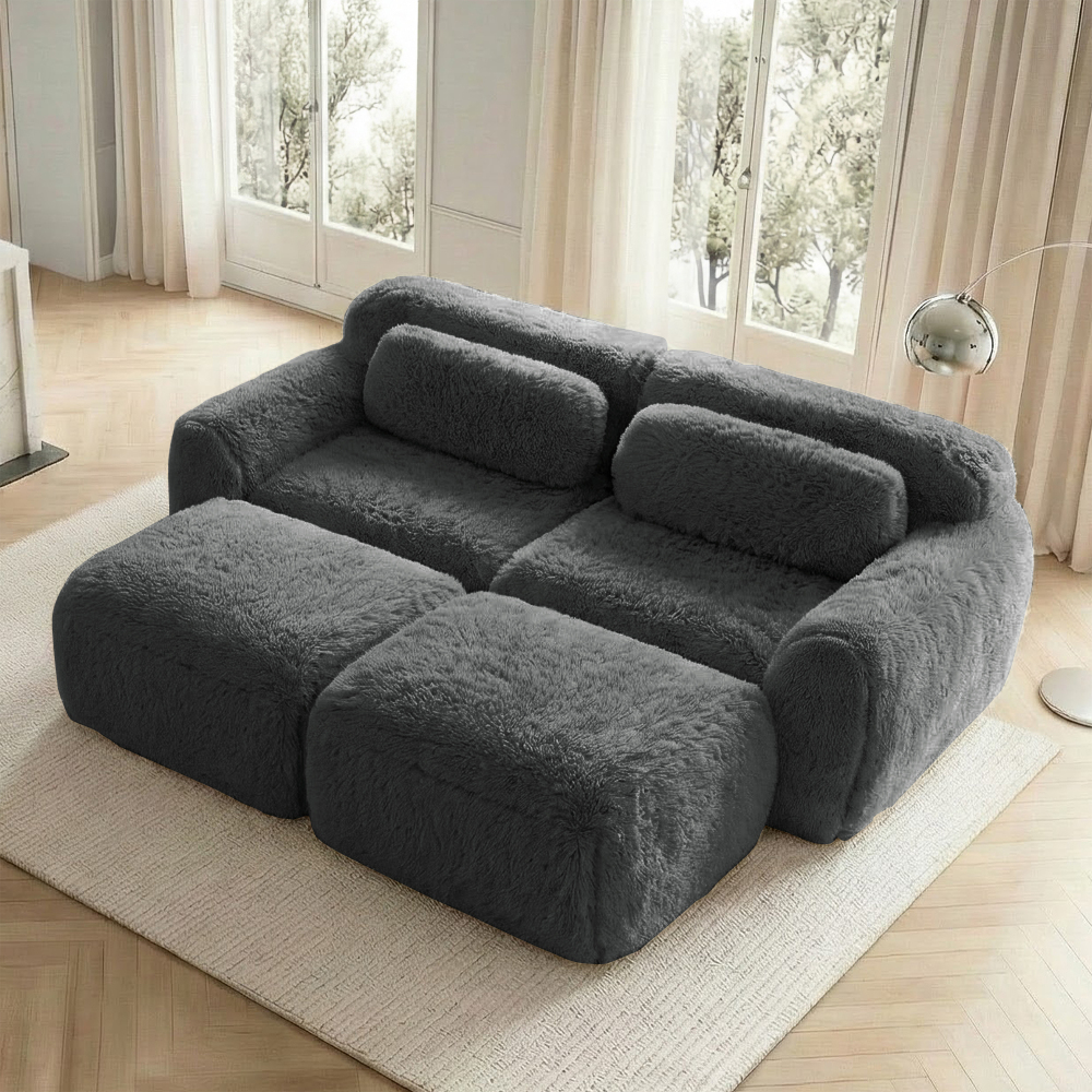 Sofá modular de 2 plazas de felpa gris con 2 otomanas sin montaje