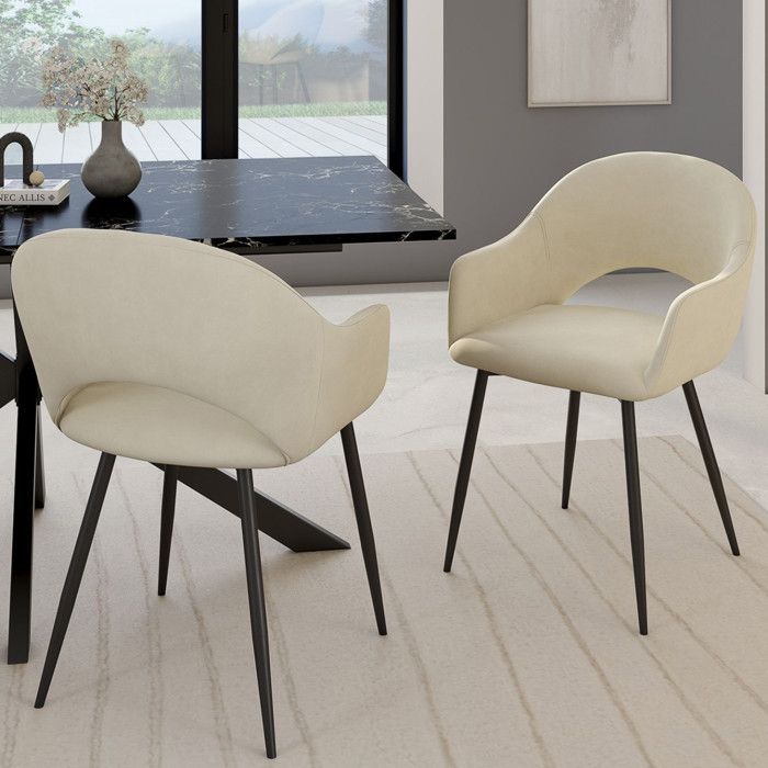 Sillas con reposabrazos de terciopelo crema - 2 uds - 52x56x75 cm