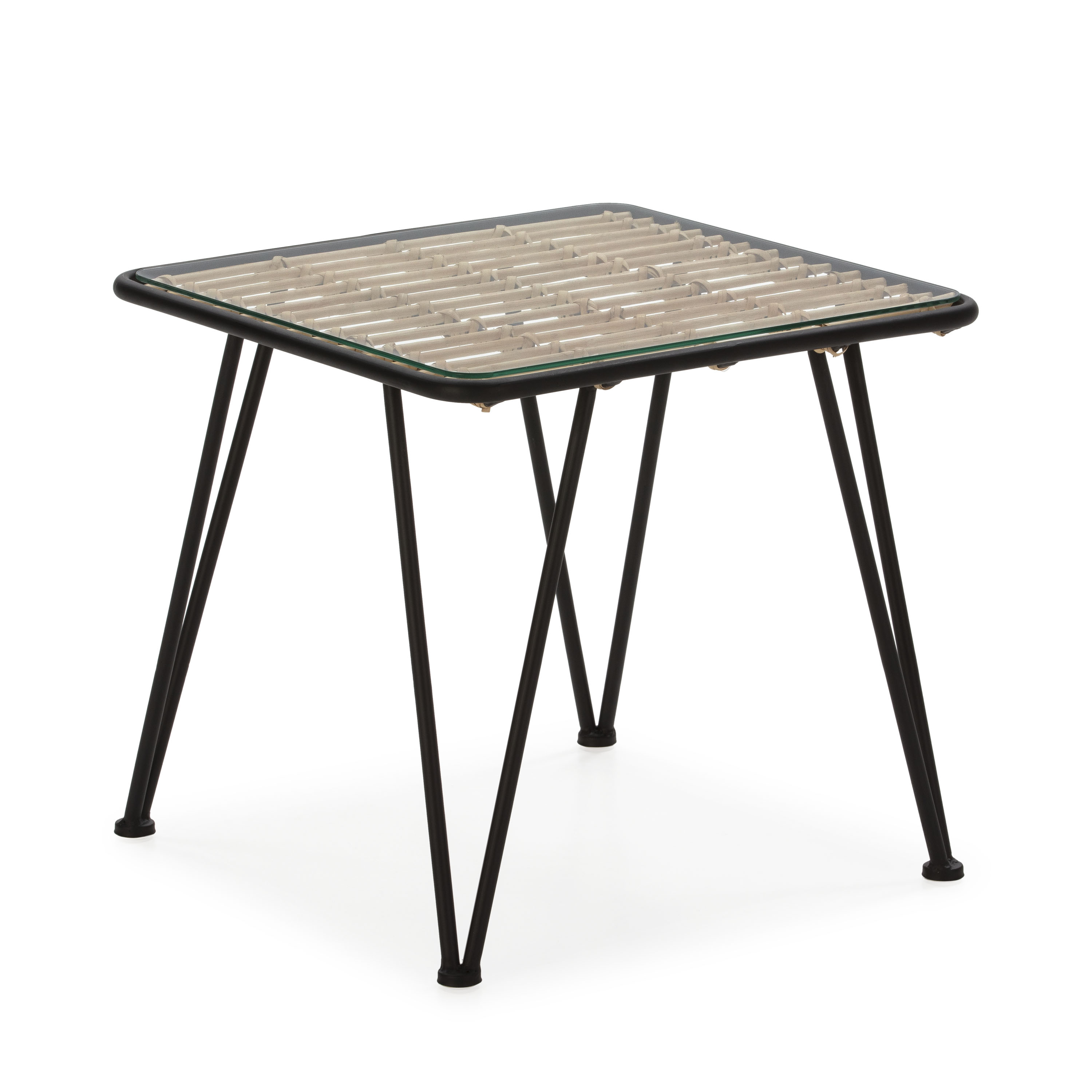 Mesa auxiliar 51x51x46 cristal, metal negro, ratan natural