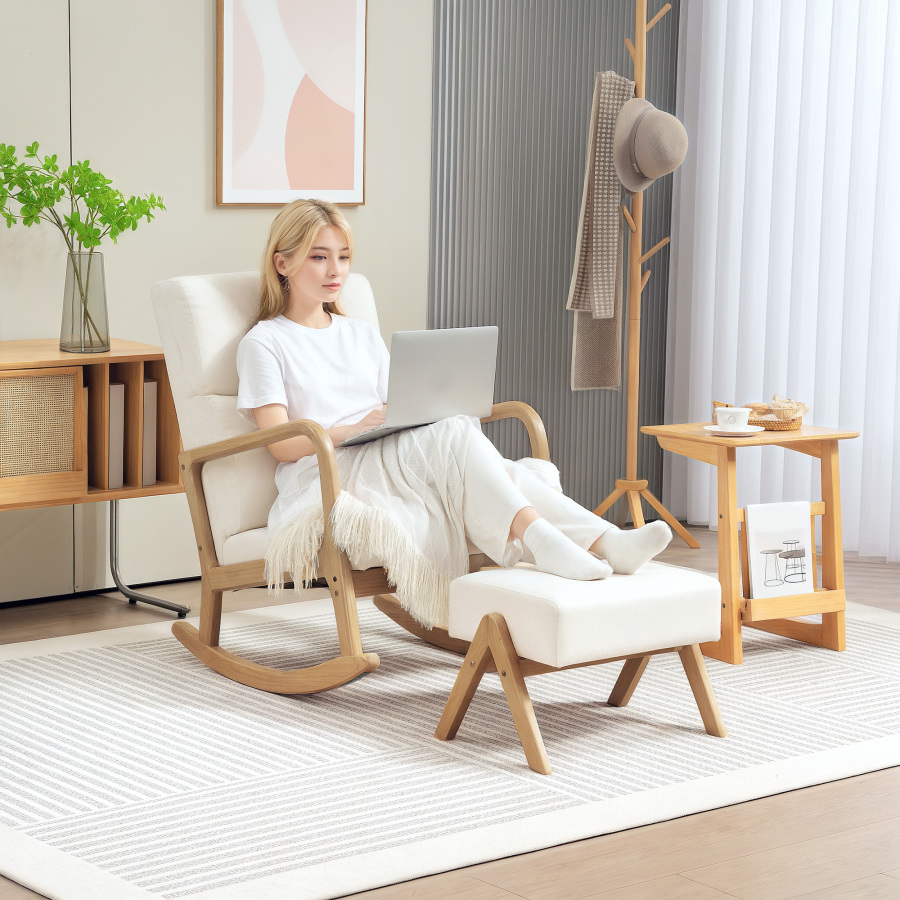Mecedora reposapiés poliéster blanco crema relax salón dormitorio