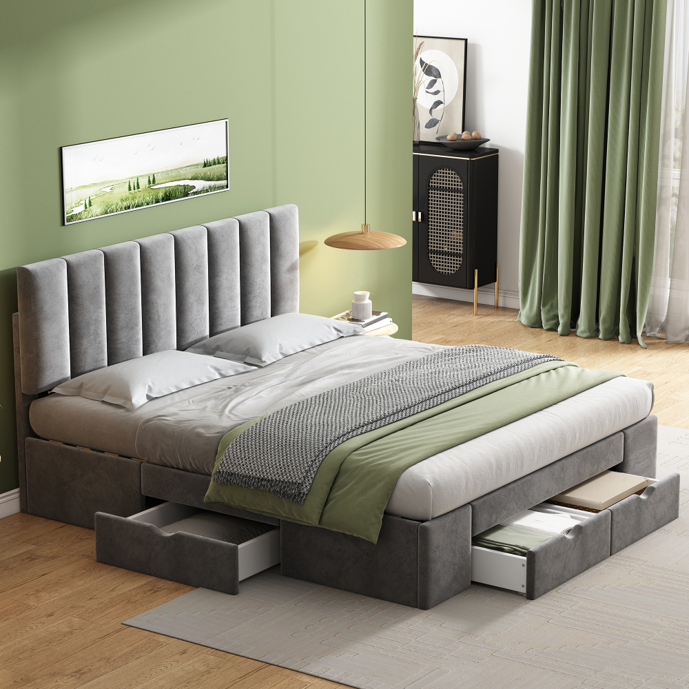 Cama tapizada 160x200cm con 4 cajones y somier terciopelo – gris