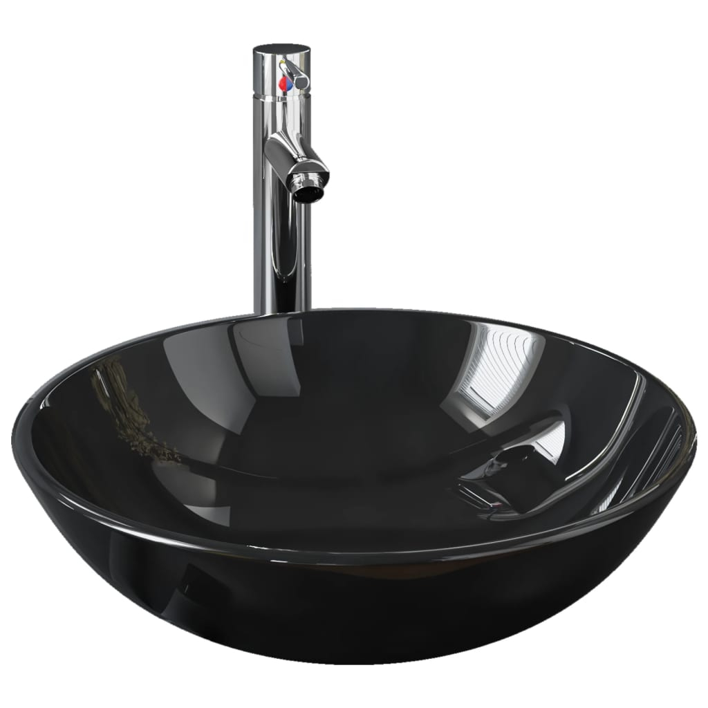 vidaXL lavabo de baño grifo y desagüe de empuje vidrio templado negro