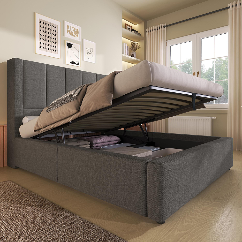 Cama tapizada,90x200,portavasos ocultos,gris,incluye colchón