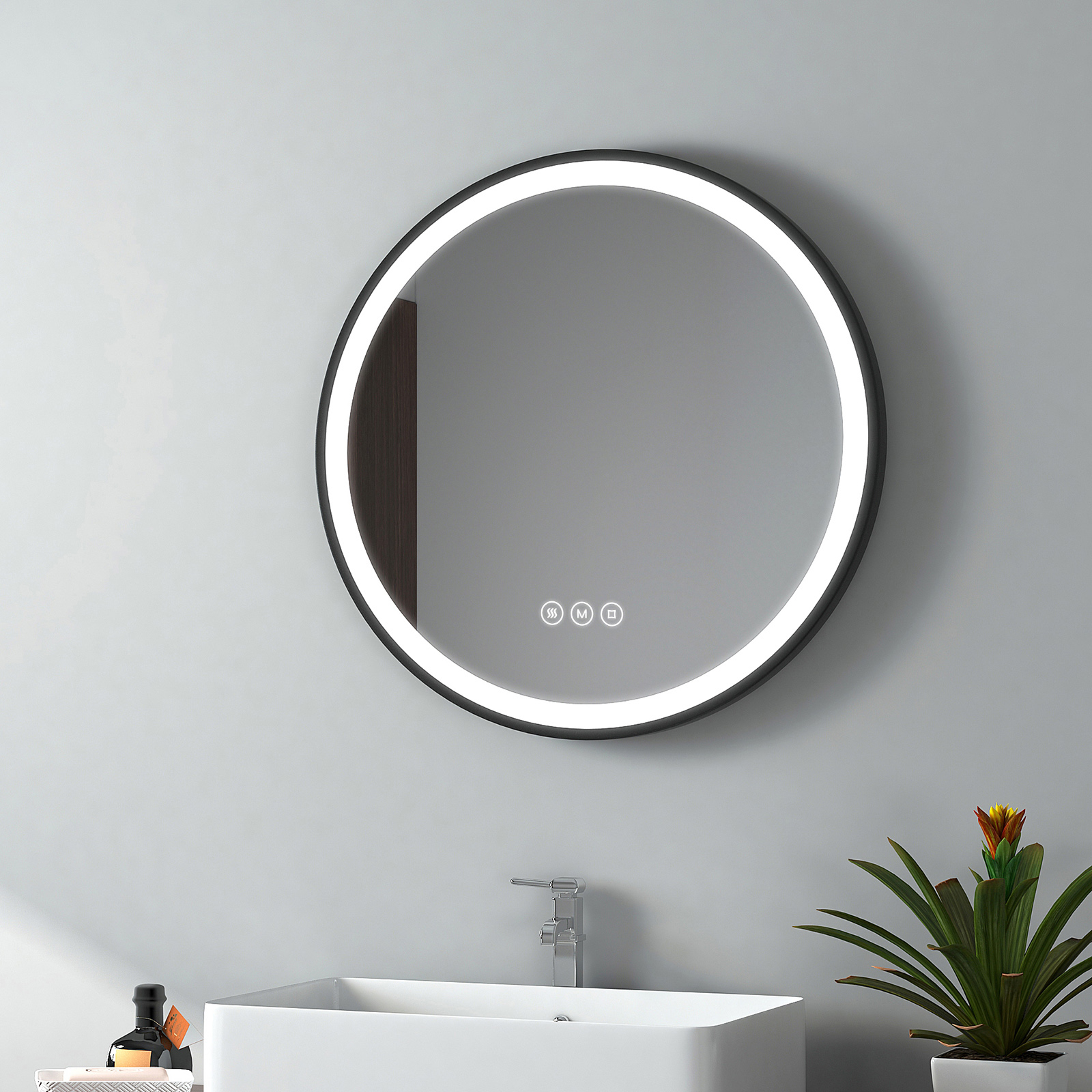 Emke espejo LED ø60 cm, antivaho, 3 tonos de luz, correa ajustable