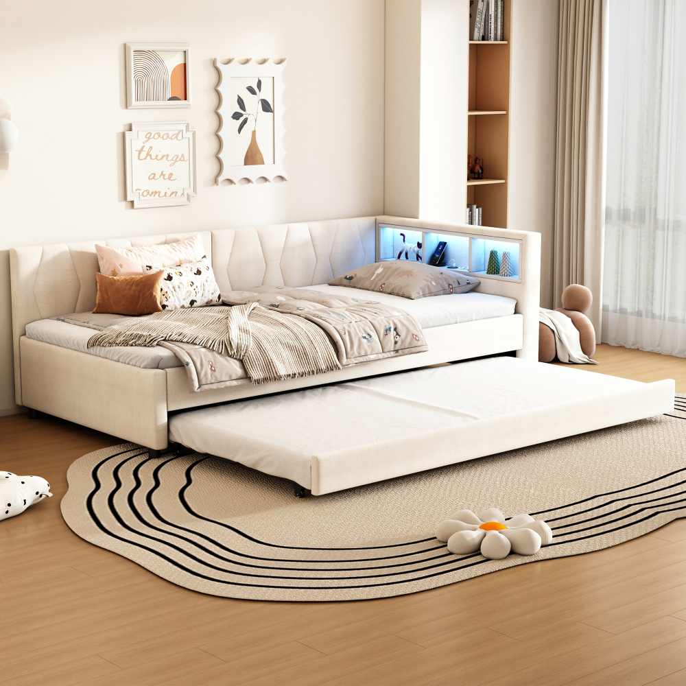 Cama nido 90x200cm con usb, LED y compartimentos lino – beige