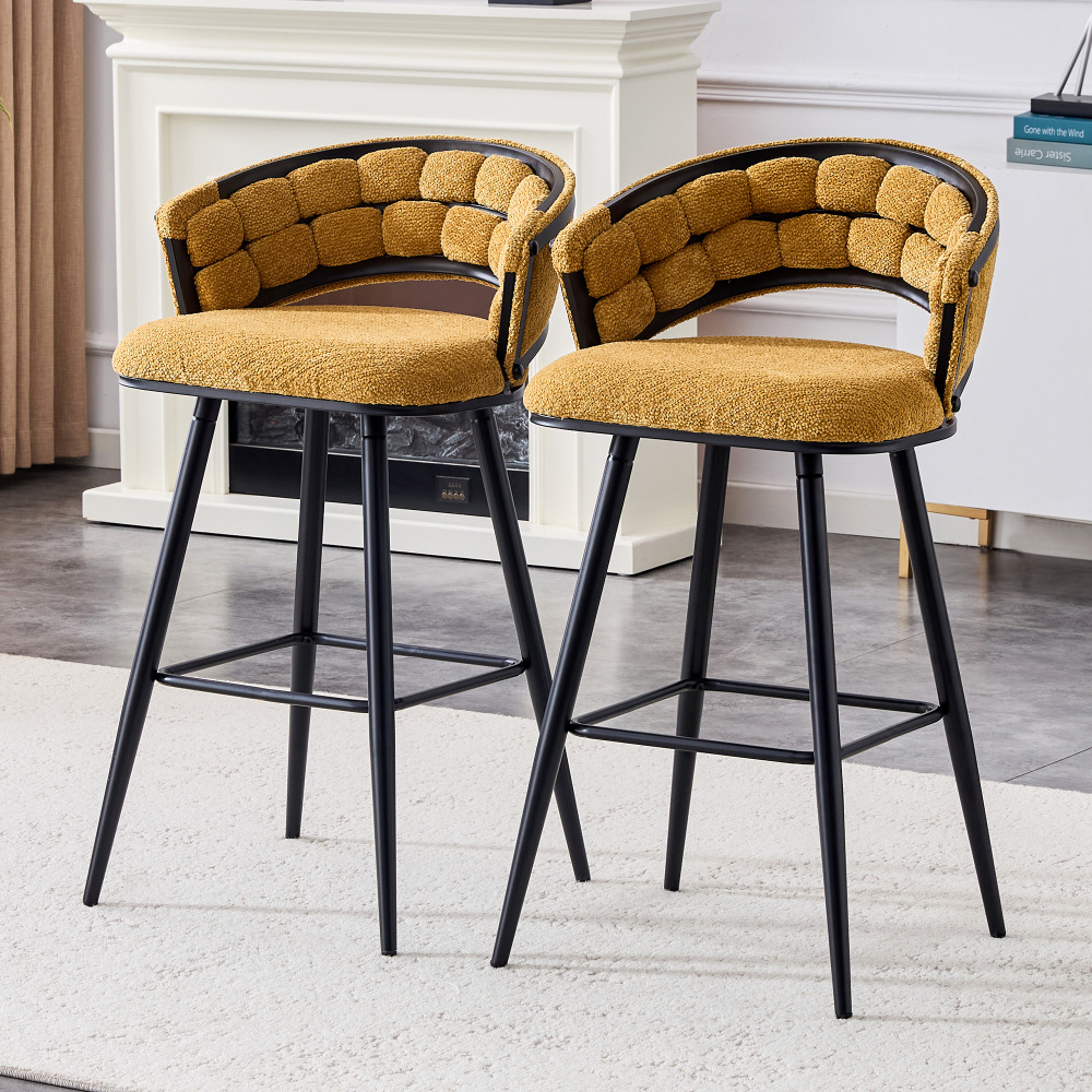 Taburete de bar terciopelo amarillo negro set 2 respaldo trenzado metal