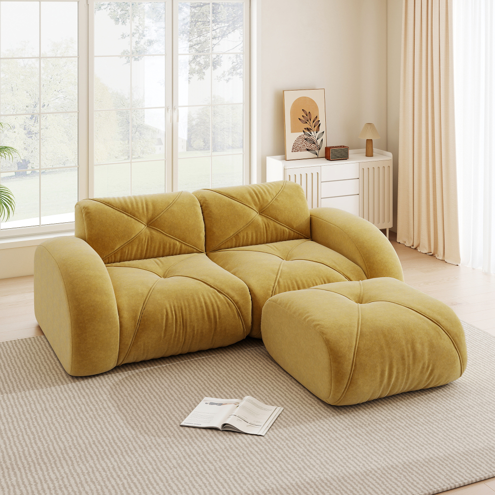 Sofá modular 2 plazas chenilla amarillo con otomana para salón