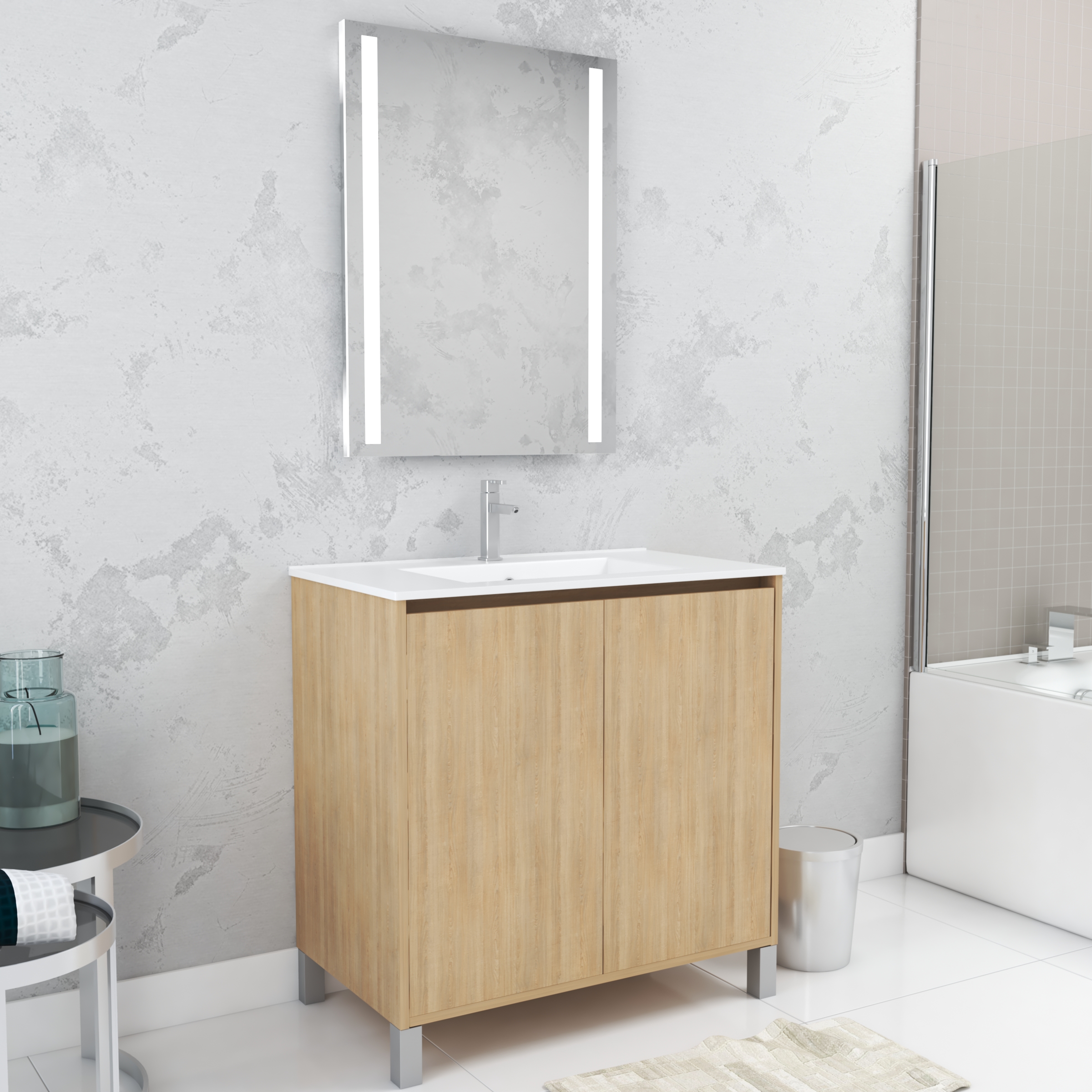 Mueble baño 80cm roble 2 puertas + lavabo + espejo 60x80 con luz LED