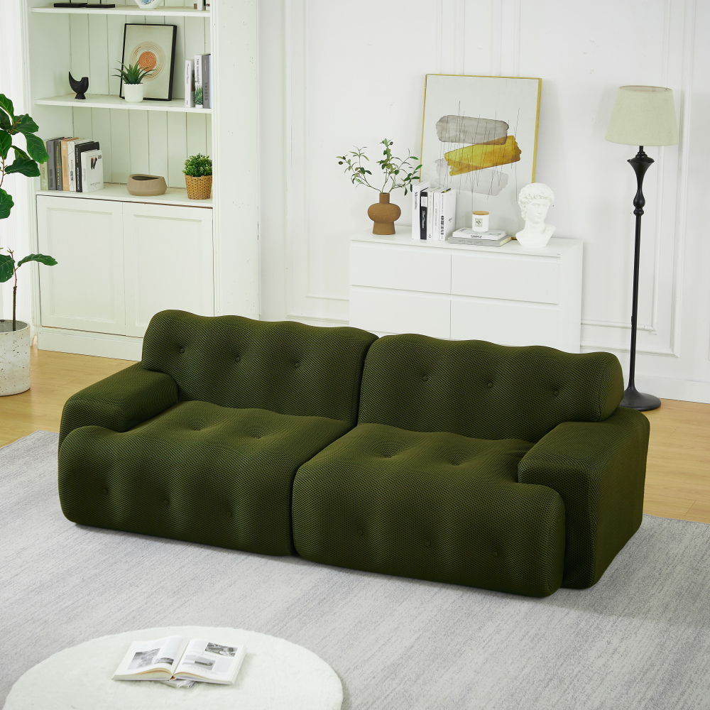 Sofá modular de 2 plazas tela verde con brazos anchos y diseño sin montaje
