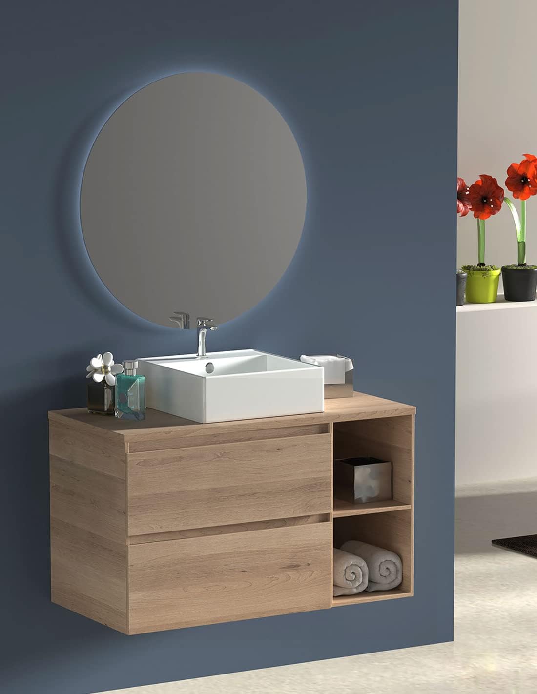 Mueble zeus con lavabo y espejo redondo LED fresno tea 80 cm derecha