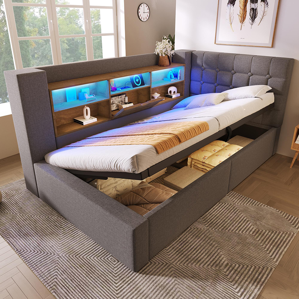 Cama tapizada,90×200,hidráulica,somier de láminas,gris