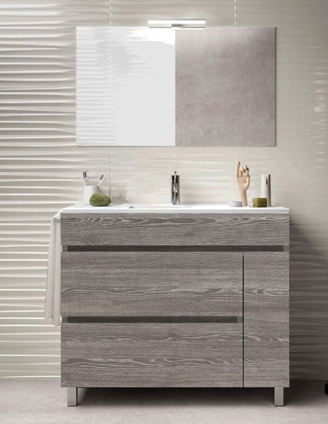 Mueble de baño caprera, lavabo y espejo 90x45cm roble smoky