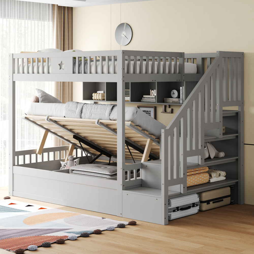 Litera 140x200cm con canapé hidráulico y estantería madera – gris