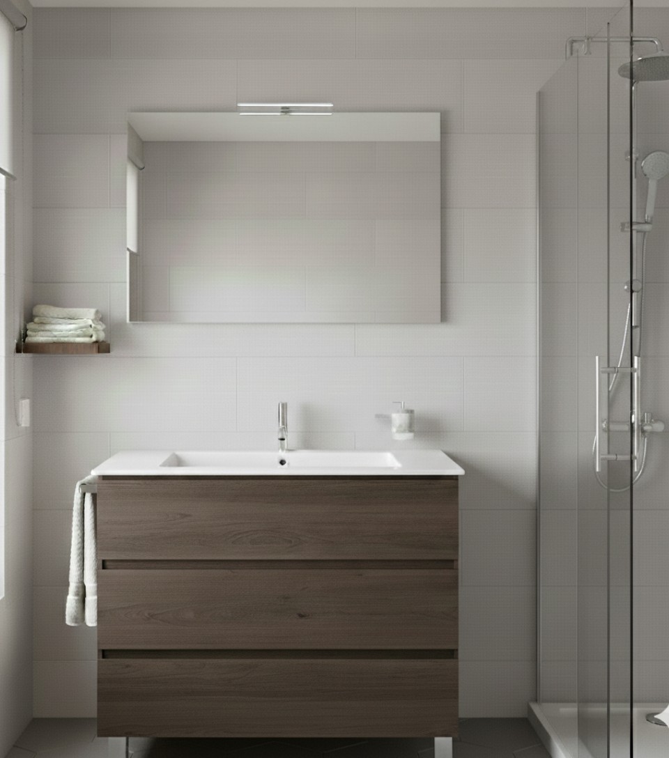 Mueble de baño balder, lavabo y espejo fresno tea 100x40 cm
